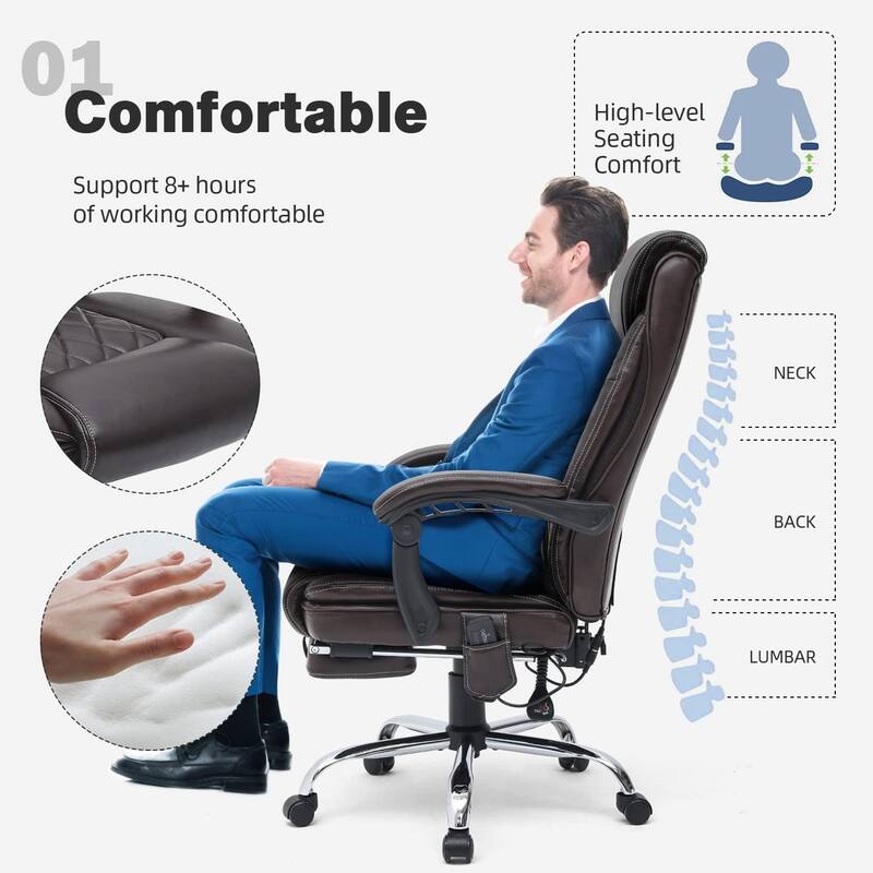 Ergonomic Heated Executive Office Chair with 2/4/6-Point Massage, Retractable Footrest, and PU Leather