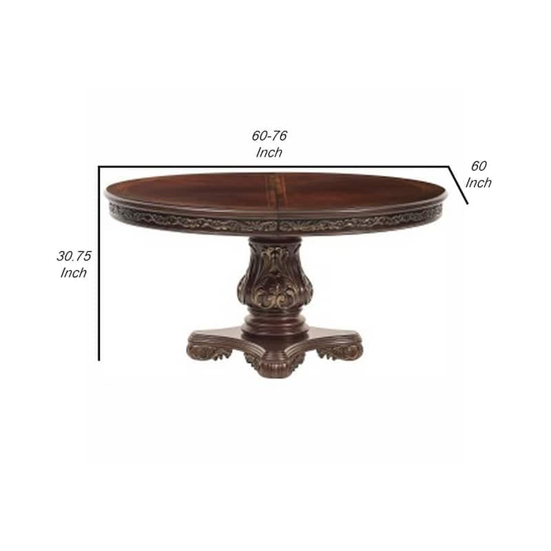 Ellie 60-76 Inch Round Extending Dining Table, Pedestal Base, Cherry Brown