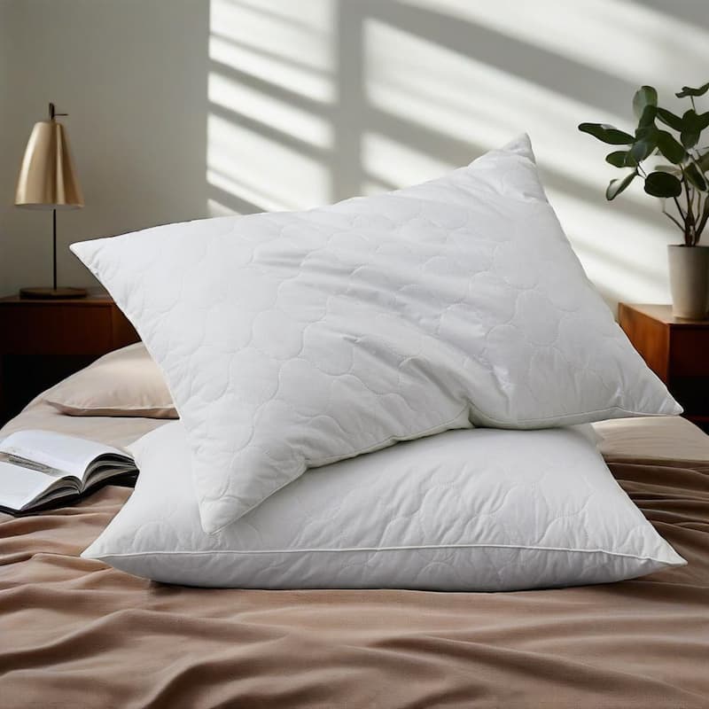 2 Pack Goose Feather Down Pillows with Quilted Cotton Cover - White - Medium - Standard