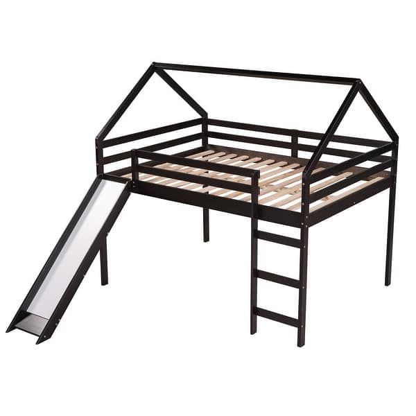 Full Size House Loft Bed with Slide and Ladder, Underbed Storage&Play
