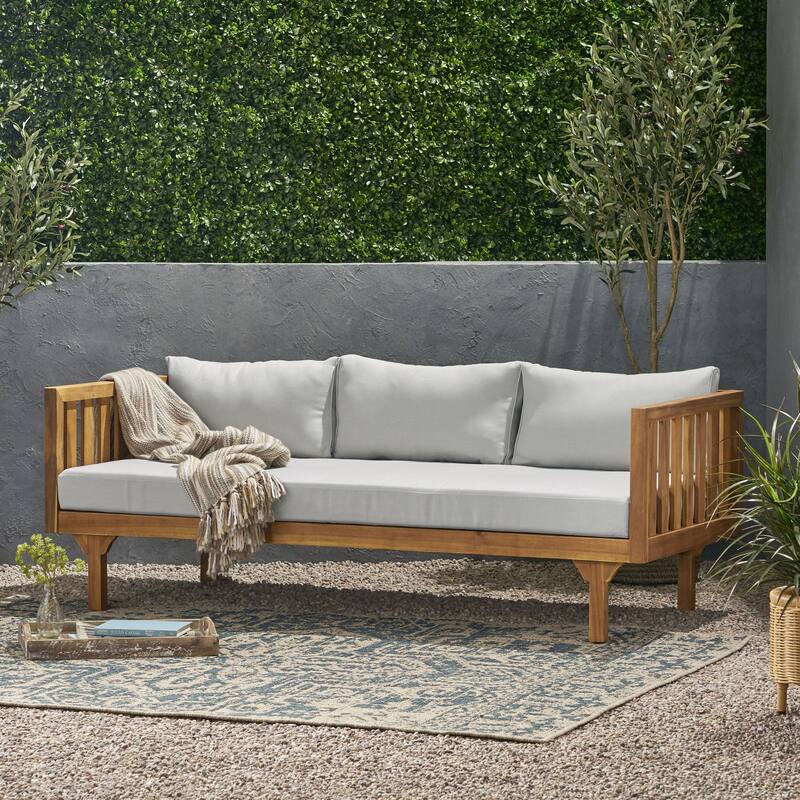Acacia Wood 3 Seater Daybed Slat Panel Design Water Resistant Cushions - Grey,Teak