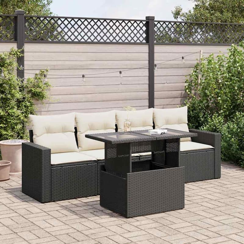 vidaXL Patio Sofa Set with Cushions Outdoor Furniture 5 Piece Poly Rattan - 21.7 x 39.4 x 28.7 in - Black and cream with storage