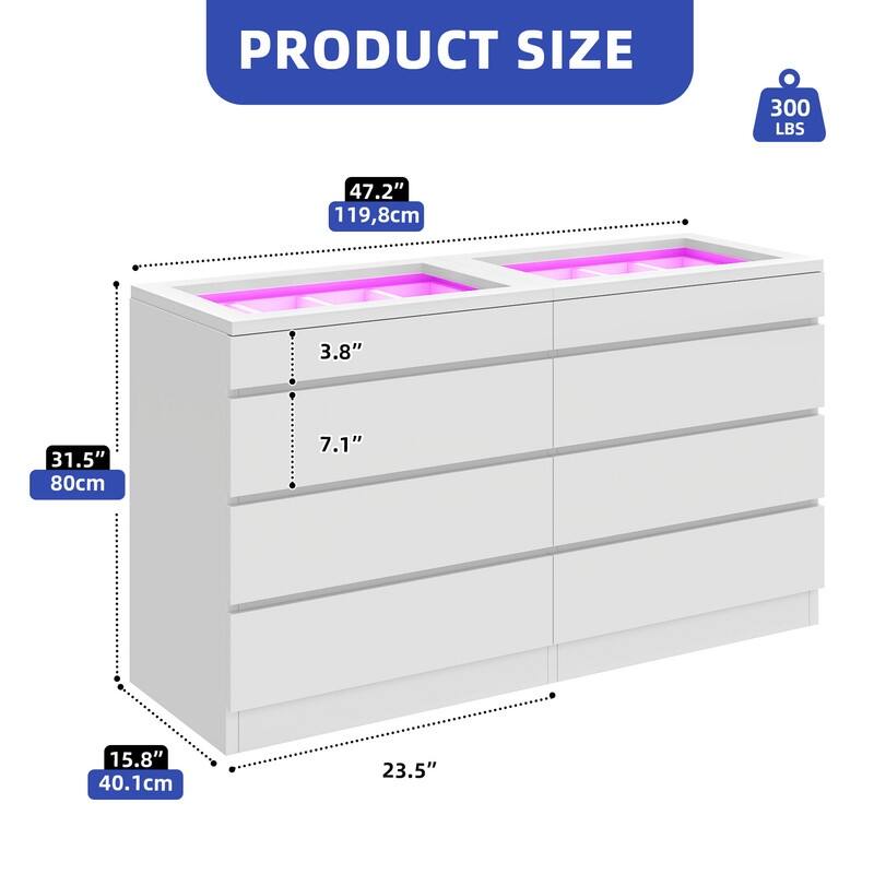 Modern 8-Drawer Dresser Chest Dresser of Drawer Organizers with LED Light High Gloss
