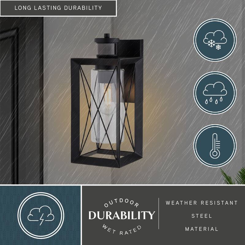 Milton Matte Black Motion Sensor Dusk to Dawn Outdoor Wall Light Transitional Clear Glass - 6-in W x 14-in H x 7-in D