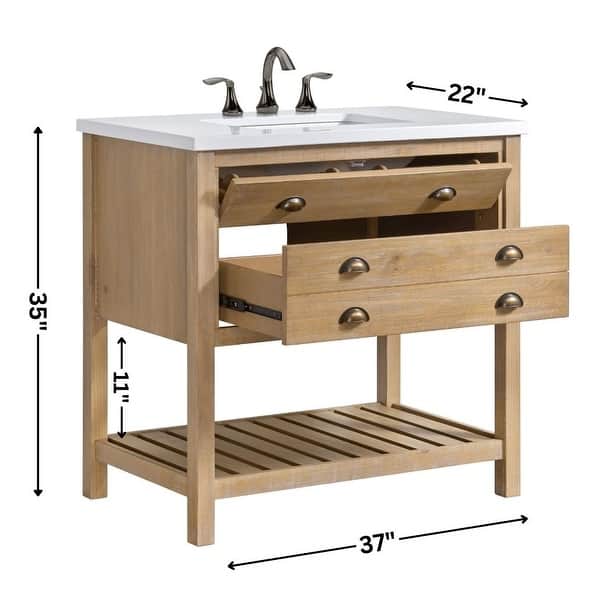 dimension image slide 7 of 8, Monterey 37-inch Farmhouse Marble Solid Wood Bathroom Vanity
