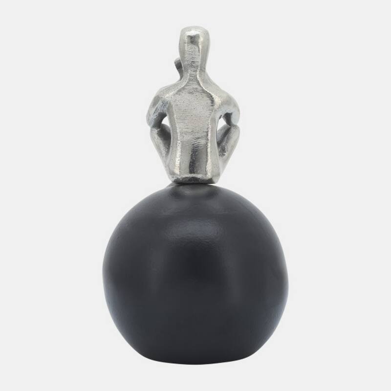 Thinking Man sitting on Orb Figurine - 9" - Silver and Black