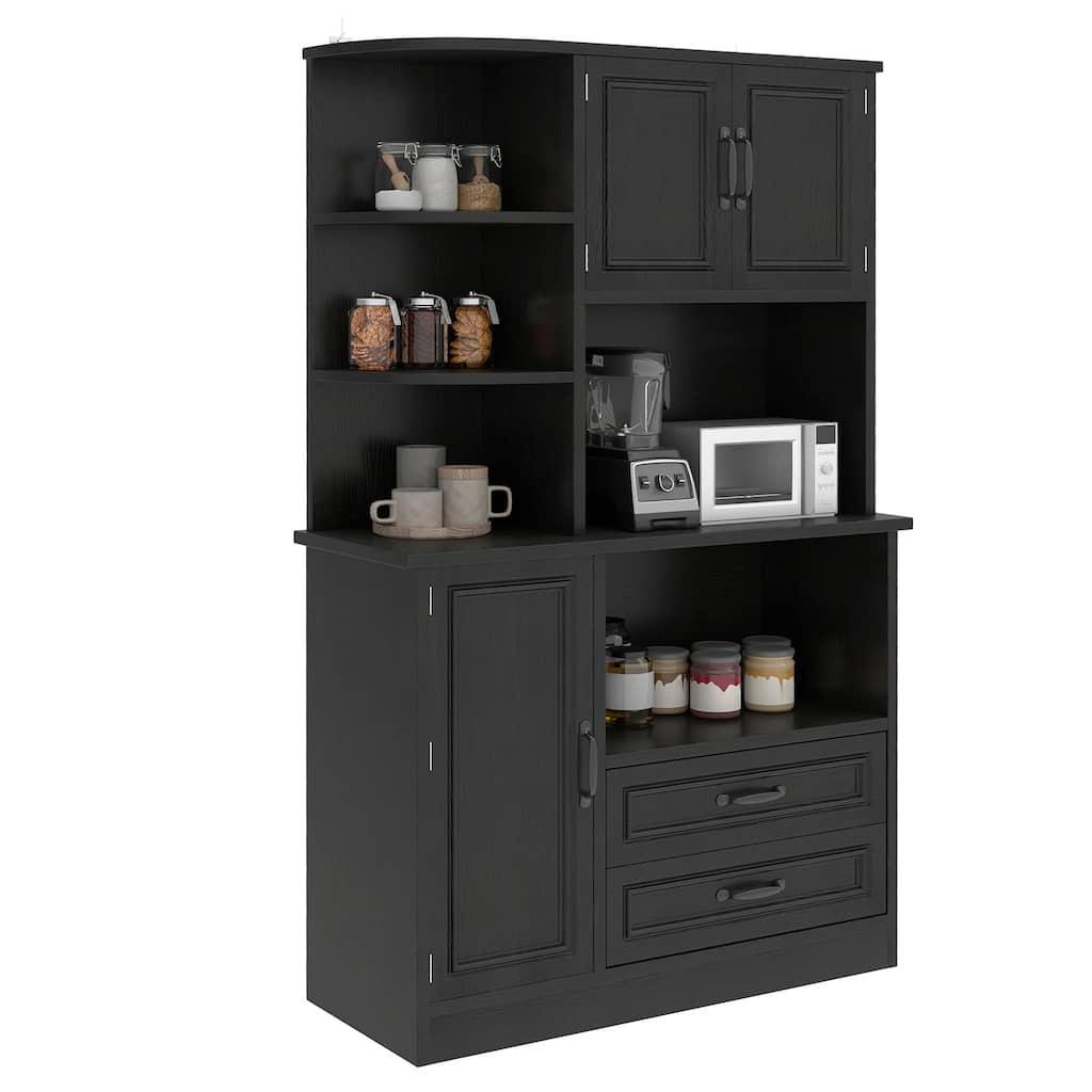 64" White Kitchen Pantry Cabinet with Power Outlet, Sliding Racks & Drawers, 3-Tier Shelves