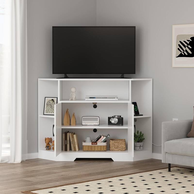 Corner Tv Stand for Tvs Up to 55 Inch with Power Outlet - 55 inches - 55 inches - White