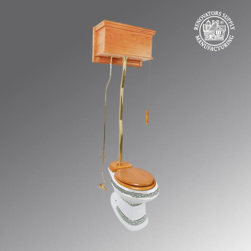 Light Oak Wooden High Tank Toilet Flat Tank 59" to 74" Brass Z Pipe and Elongated White Bowl
