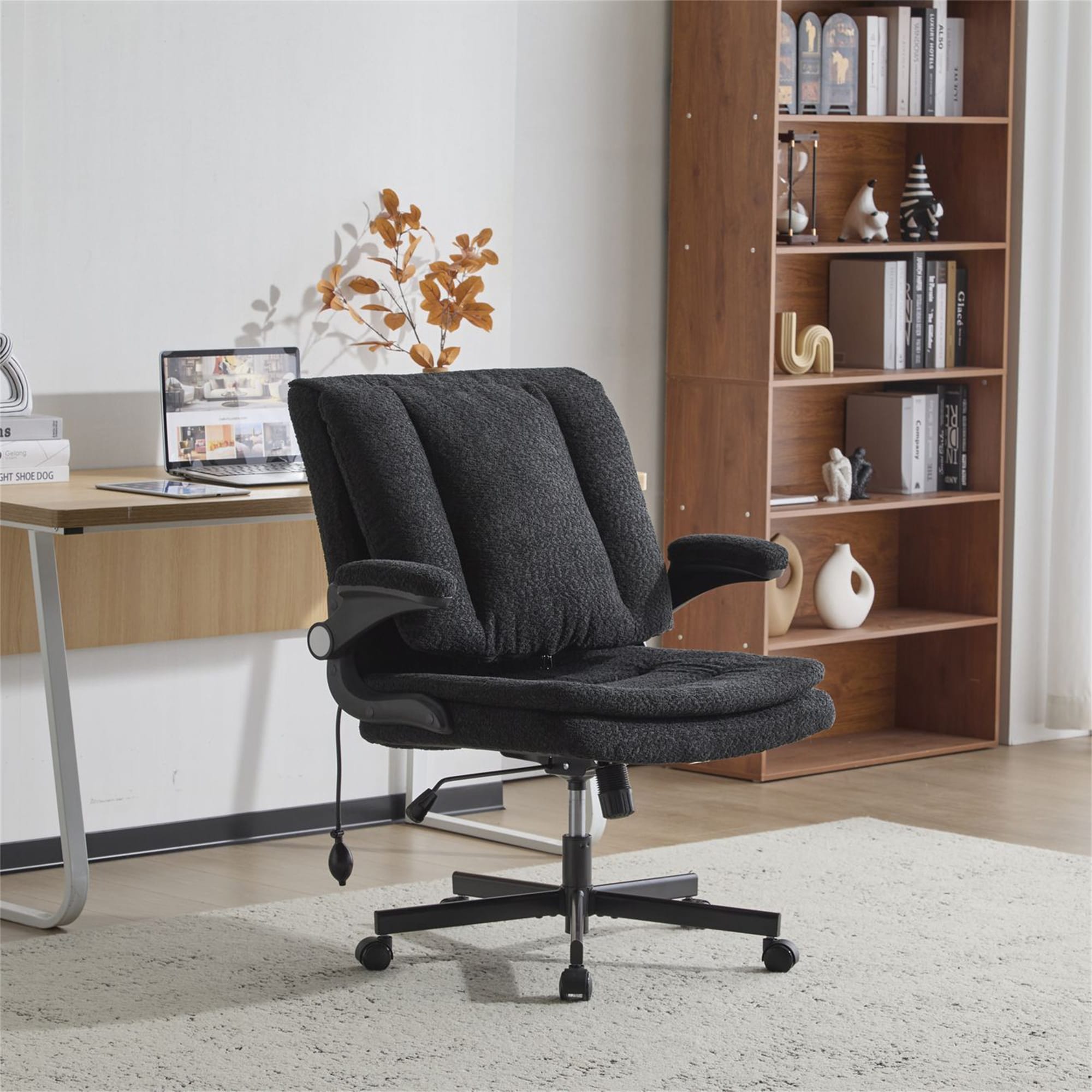 Leather Criss Cross Chair with Flip-Up Armrests,Office Chair on Wheels
