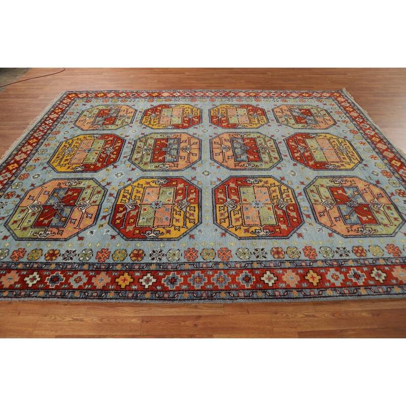 Geometric Blue Khotan Indian Area Rug Handmade Wool Carpet - 7'11"x 9'10"