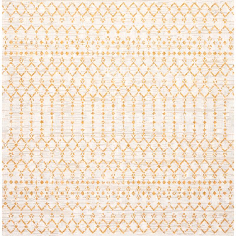JONATHAN Y Trebol Moroccan Geometric Textured Weave Indoor/Outdoor Area Rug - 5' Square - Cream/Yellow