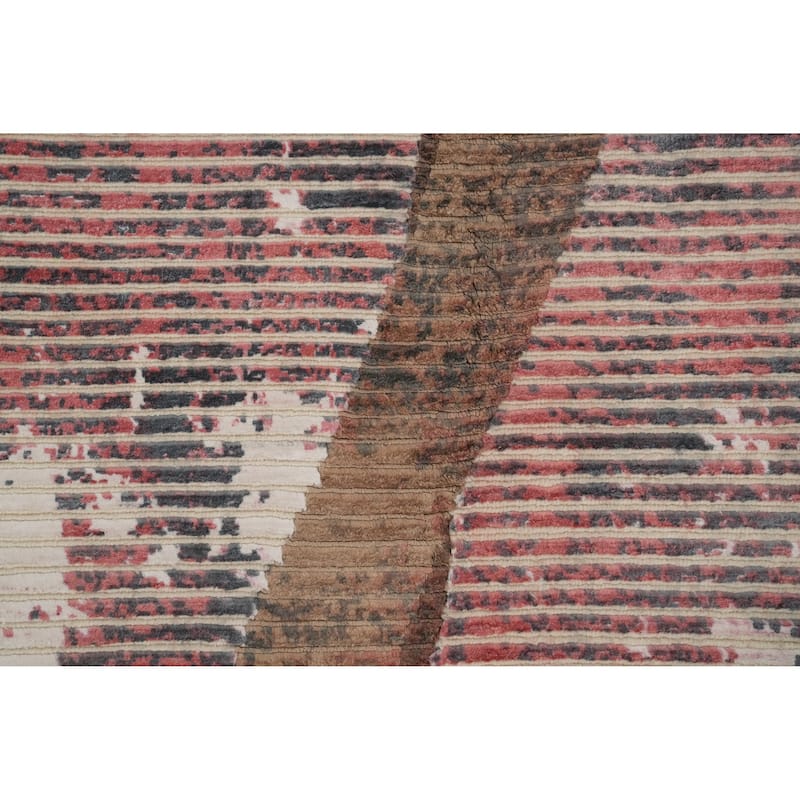 Hand Knotted Oriental Viscose Silk Carpet Modern Stripe Coral Abstract Area Rug - 6' 6'' X 4' 9''