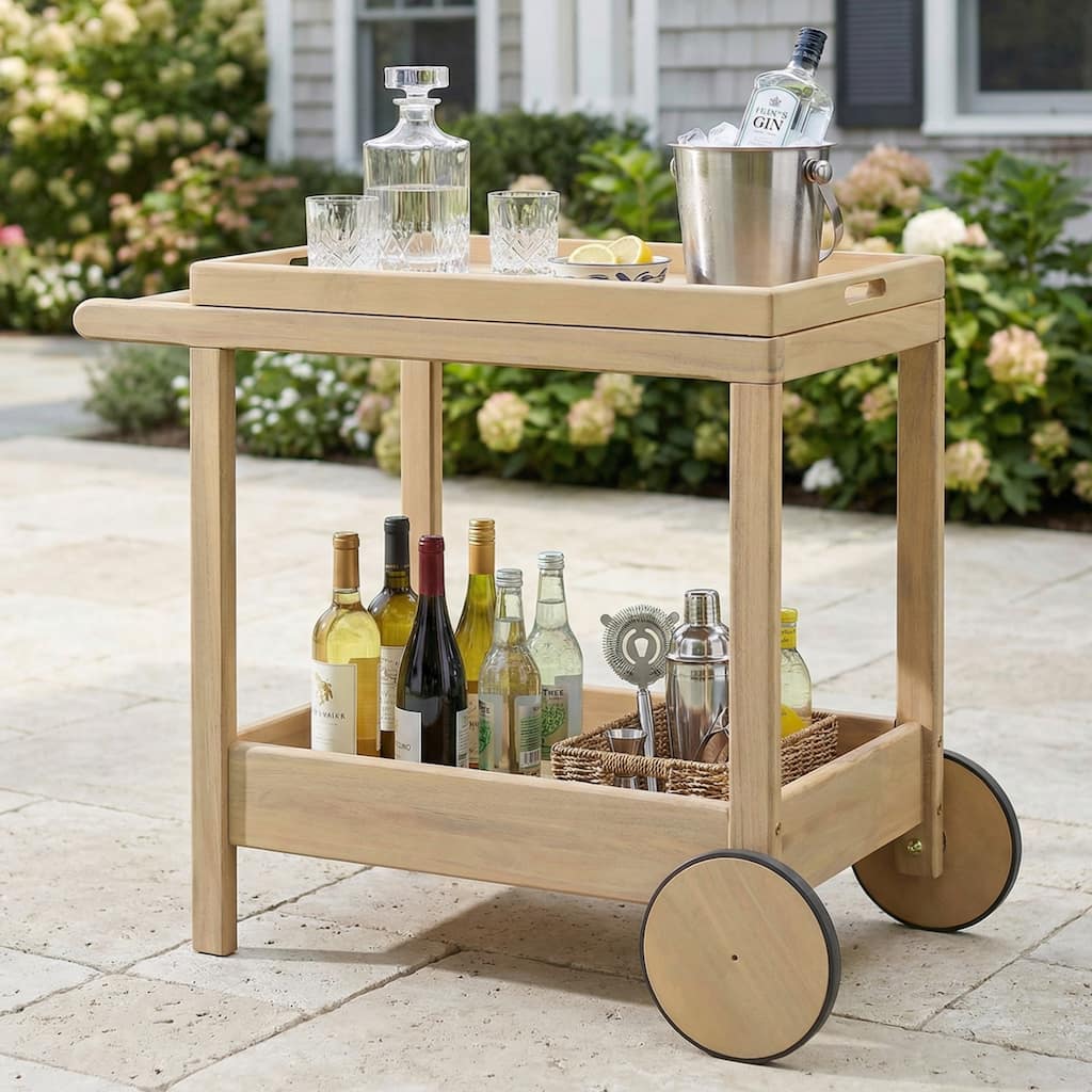 Christopher Knight Home - Saratoga Outdoor Acacia Wood Rolling Bar Cart with Serving Tray, Storage Shelf & Ergonomic Grip Handle