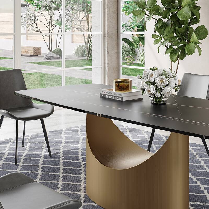 63"-94" Hobart Modern Dining Table with Rectangular Sintered Stone Tabletop and Carbon Steel Leg for 4-10