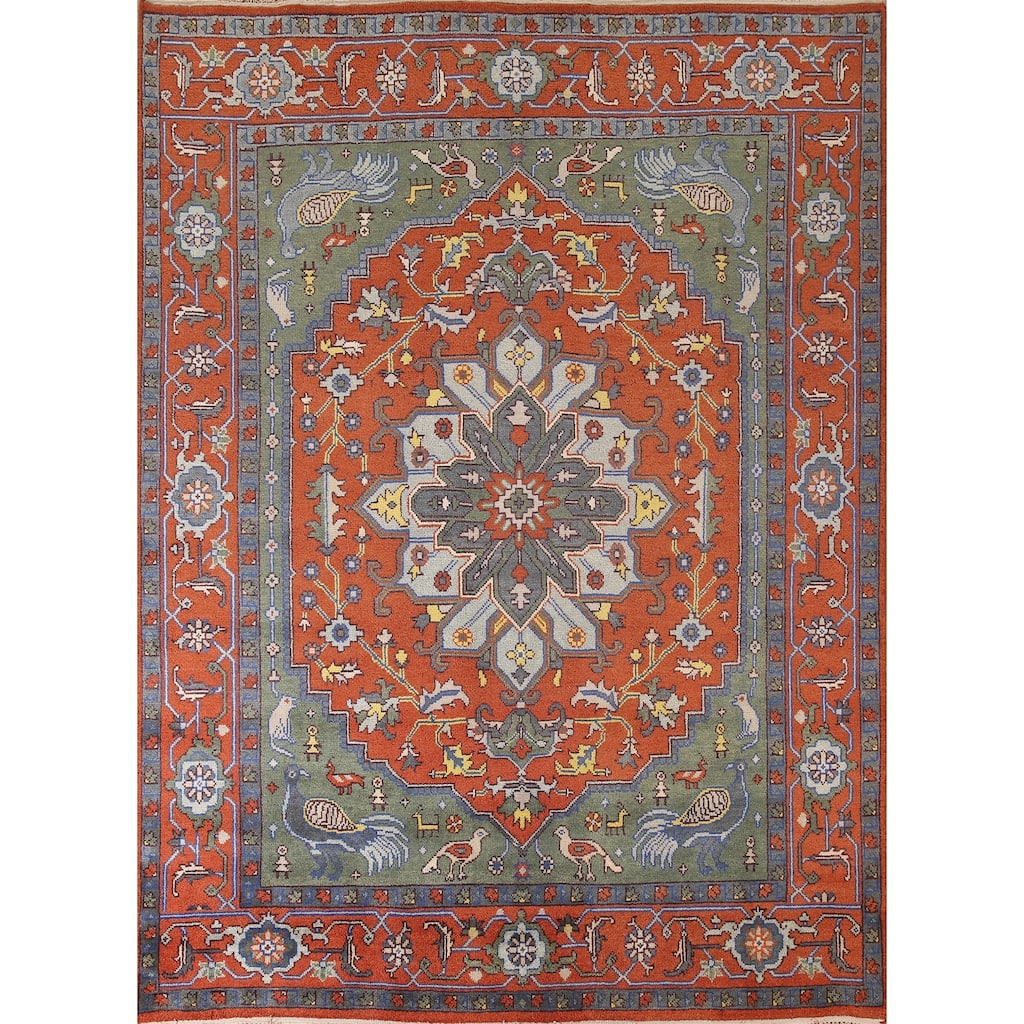 Animal Pictorial Ziegler Area Rug Handmade Oriental Floral Wool Carpet - 7'11"x 9'10"