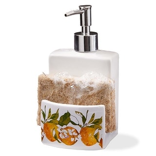 Lemoncello Soap Dispenser & Sponge Holder - Multicolor Bone China, Hand Wash Only, 4.72" H x 4.13" L x 6.54" W