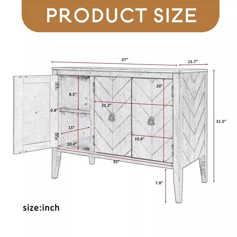 Adjustable Shelf Storage Sideboard with 3 Retro Metal Handles and 4 Pinewood Legs, for Entryway