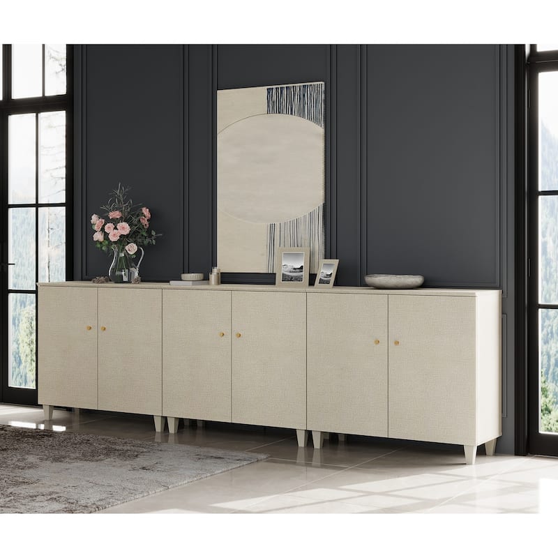 Buffet Cabinet with 3 Compartments for Dining Room, 32.4"H Sideboard - 142 Inches - Beige