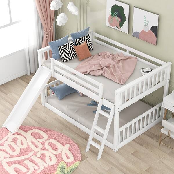slide 2 of 12, Full over Full Bunk Bed Wood Frame Guardrail Bed with Convertible Slide and Ladder, Compact Low Bunk Design White