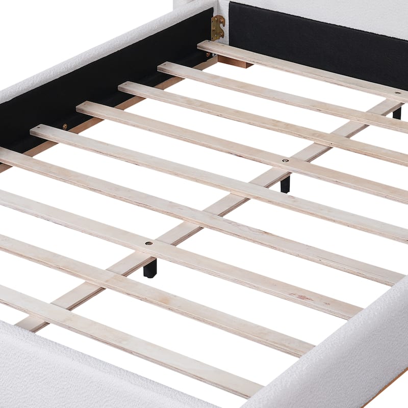 White Low Profile Platform Bed Ground Bed Boucle Frame with Upholstered Wingback Headboard