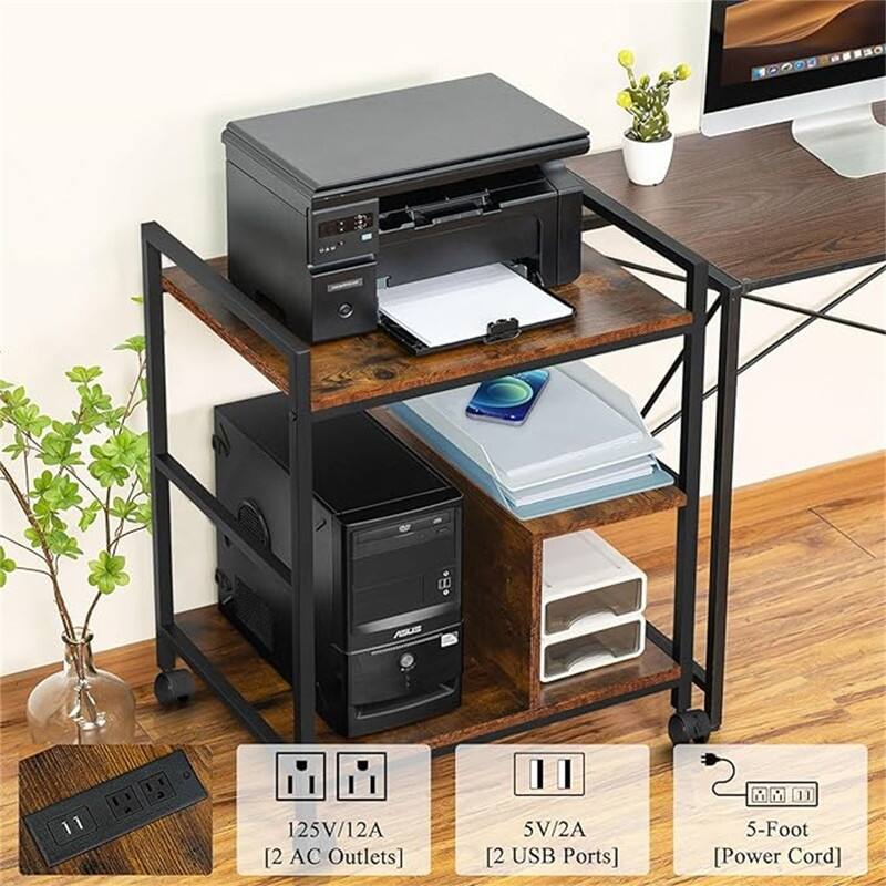 Printer Stand with Charging Station and USB Ports Large 3-Tier - 24"D x 18.62"W x 30.86"H