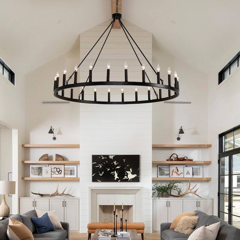 48 In Wagon Wheel Chandelier 24 Light Black Round Modern Chandeliers