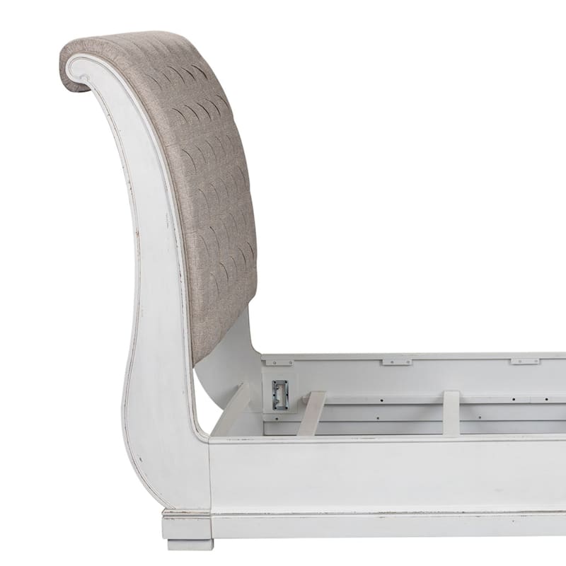 Magnolia Manor Antique White Weathered Bark Upholstered Sleigh Headboard, King or Queen