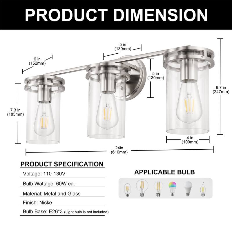 YANSUN 3-Light Industrial Nickel Vanity Light E26 Modern Bathroom Fixture