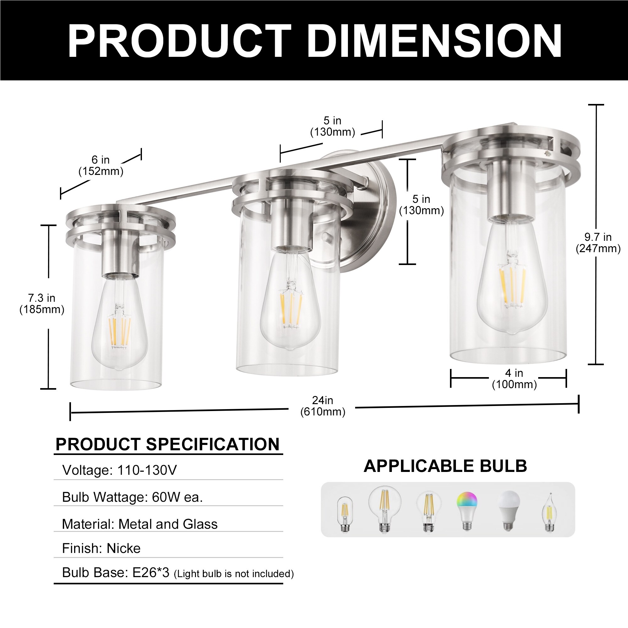 YANSUN 3-Light Nickel Vanity Light,E26 Modern Wall Light for
