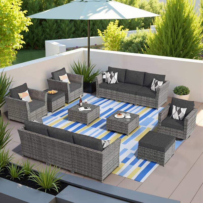 HOOOWOOO 13-piece Outdoor Wicker Patio Furniture Sectional Set with Swivel Chair - Black