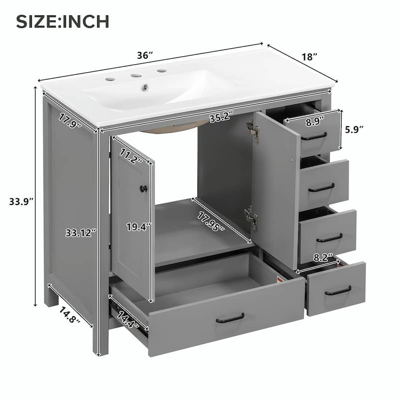 36" White Bathroom Vanity with Ceramic Sink Combo, Ample Storage Cabinet - 2 Soft-Close Doors and 5 Drawers