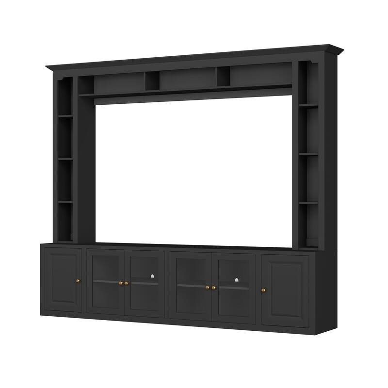 4-Piece Modern TV Stand, for 80/92-Inch TVs with Bookshelves and Adjustable Shelves, for Living Rooms, Black