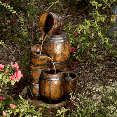 Alpine Corporation 24"H Indoor/Outdoor Tiered Barrels and Buckets Fountain, Brown