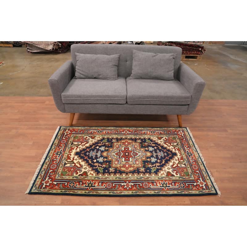 Hand Knotted Oriental 100% Wool Carpet Traditional Medallion Navy Blue & Blues Heriz (serapi) Area Rug - 5' 1'' X 3' 0''