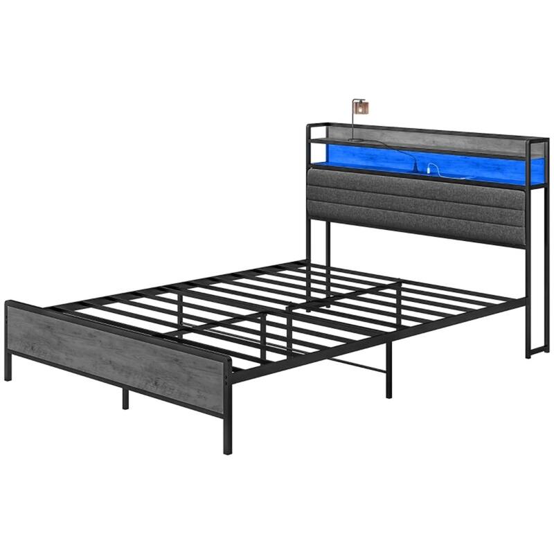 Platform Bed with Powder-Coated Metal Frame and RGB LED Remote Lights USB Charging - Queen