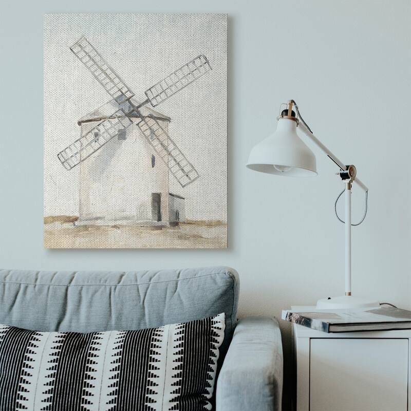 Stupell Windmill Farm Landscape Neutral Blue Brown Painting Canvas Wall Art