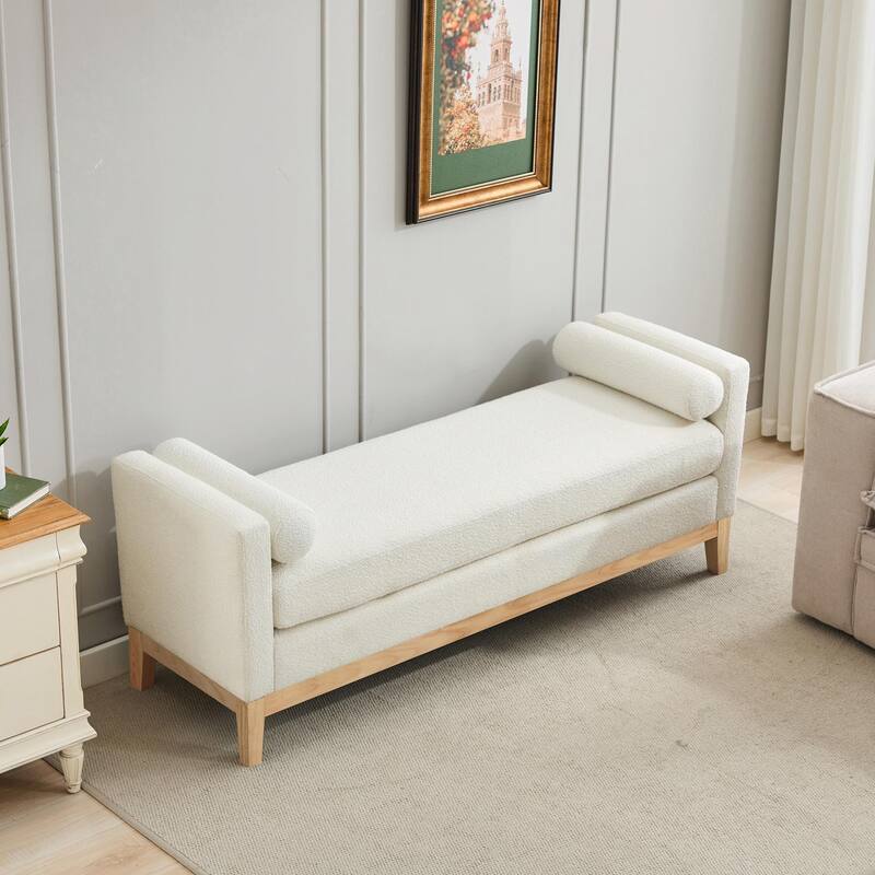 ​66" Upholstered Storage Bench - PU with Bolster Pillows - White Boucle+Wood Legs