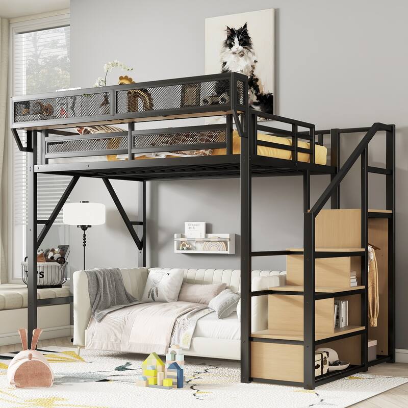 Metal Loft Bed with Wooden Stairs Built-in Storage Shelves and Wardrobe, High Loft Bed Frame with Side Grid Storage Rack - Black - Full