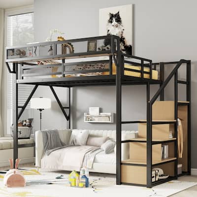 Full Size Loft Bed with Stairs, Metal Full Loft Bed with Storage Shelves, High Loft Bed with Wardrobe for Kids Teens