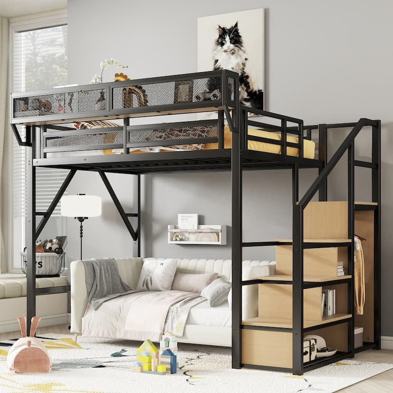 Metal Full Loft Bed with Storage Shelves Wardrobe & Stairs for Kids Teens - Black - Black