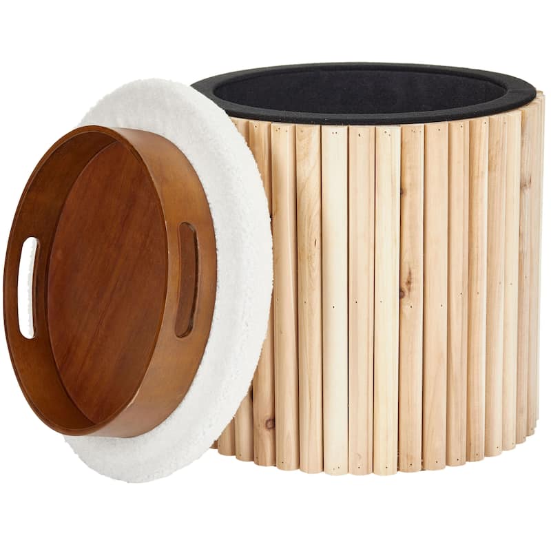 Aria Home Mid-Century Modern Bamboo Base Round Boucle Storage Ottoman