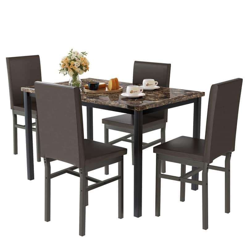 Grondin Modern Contemporary 5 Pieces Dining Table Set with Faux Marble Top and 4 PU Leather Upholstered Chairs