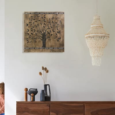 36 Inch Tree Of Life Wall Panel, Square, Mango Wood, Brown and Black