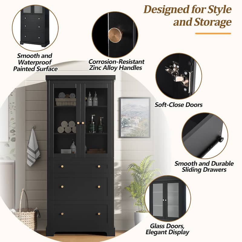 70.1-Inch Modern Freestanding Tall Storage Cabinet with 2 Adjustable Shelves & 3 Soft-Close Drawers – Glass Door Design.