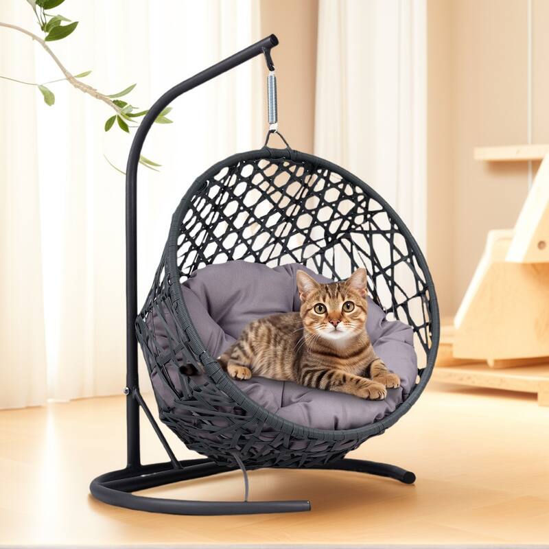 Pet Hanging Swing Bed, Rattan Hammock with Removable Soft Cushion, Cat Swing Bed with Stand & Cushion, Small Animals