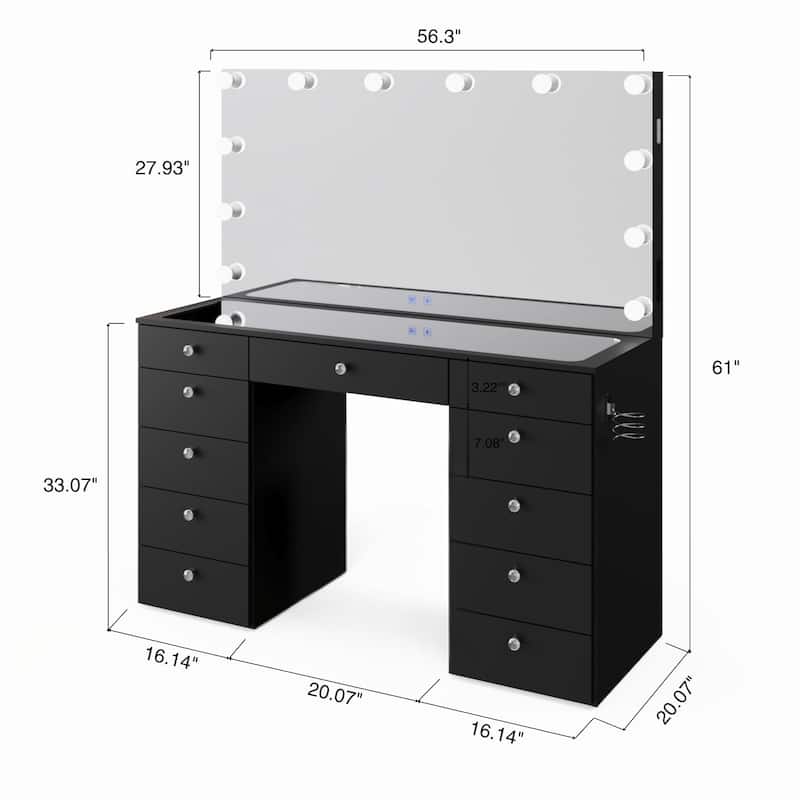 Makeup Vanity Desk, Glass Top, 12 LED Lights BT Speakers & 11 Drawers