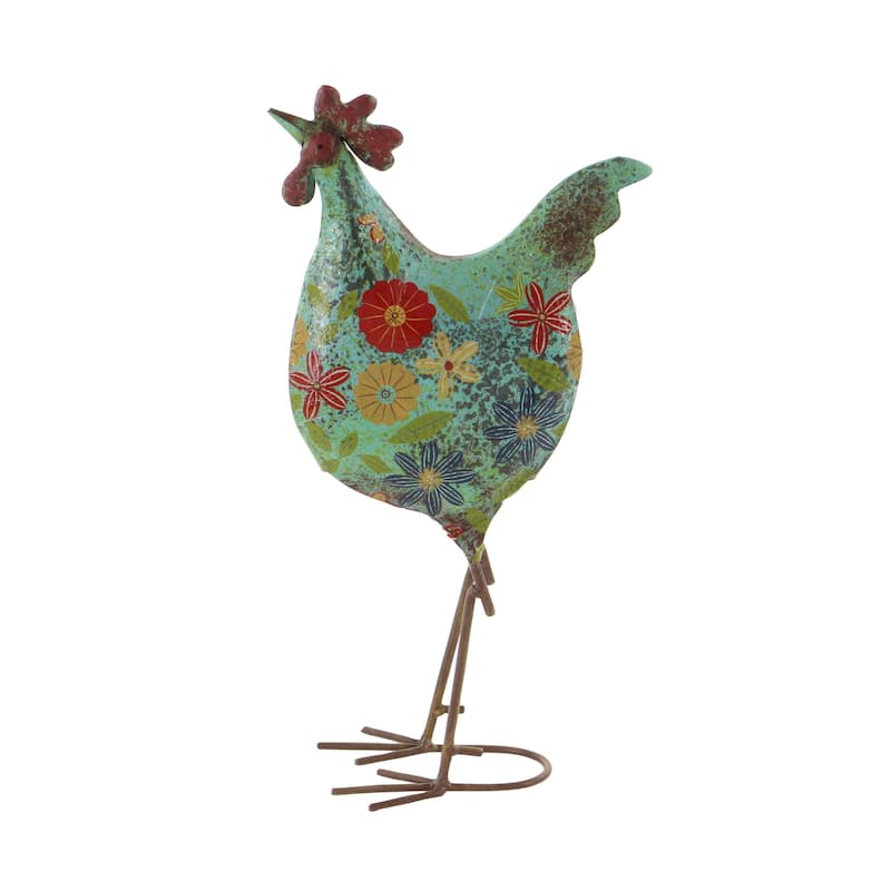 Metal Rooster Indoor Outdoor Distressed Standing Decorative Garden Sculpture - Green or Cream - Roche River Decor