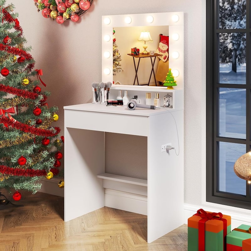 Small Vanity Desk w/ Mirror & Lights Compact Dressing Table