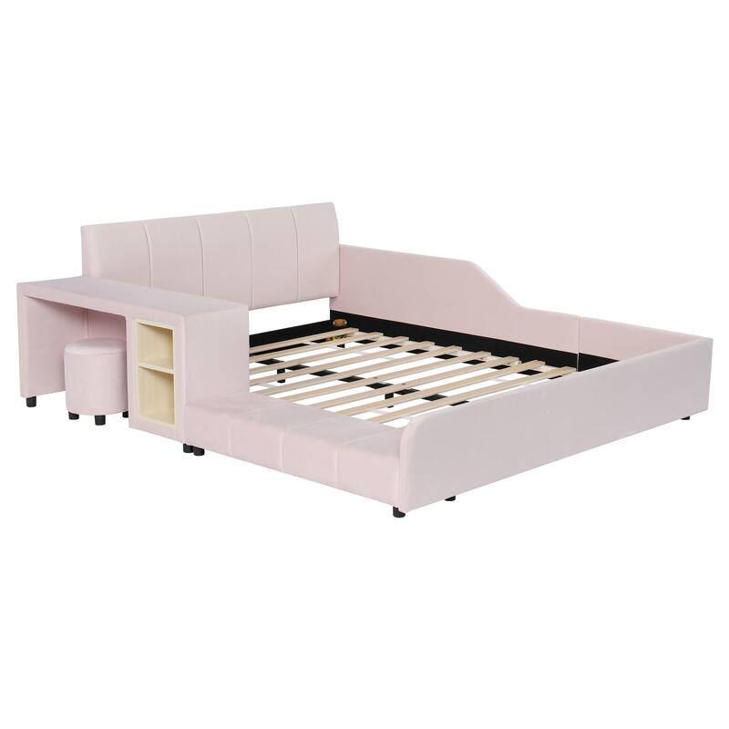 Upholstered Grounded Bed Mother & Child Bed with Bedside Desk and Little Round Stool